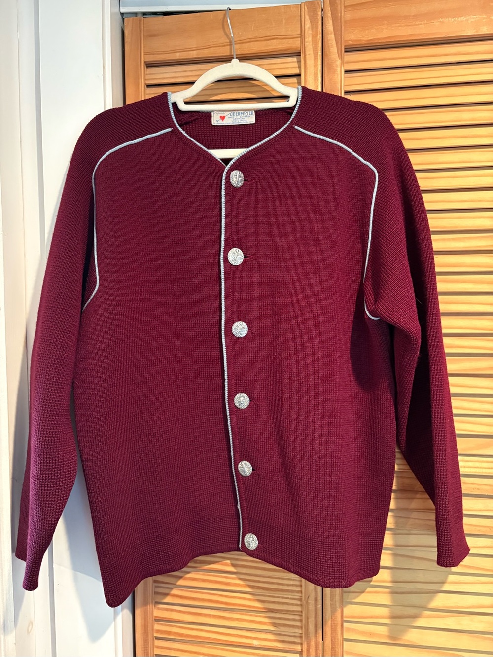 Vintage Obermeyer Wool Cardigan Sweater Metal Buttons Burgandy Blue Trim L/XL